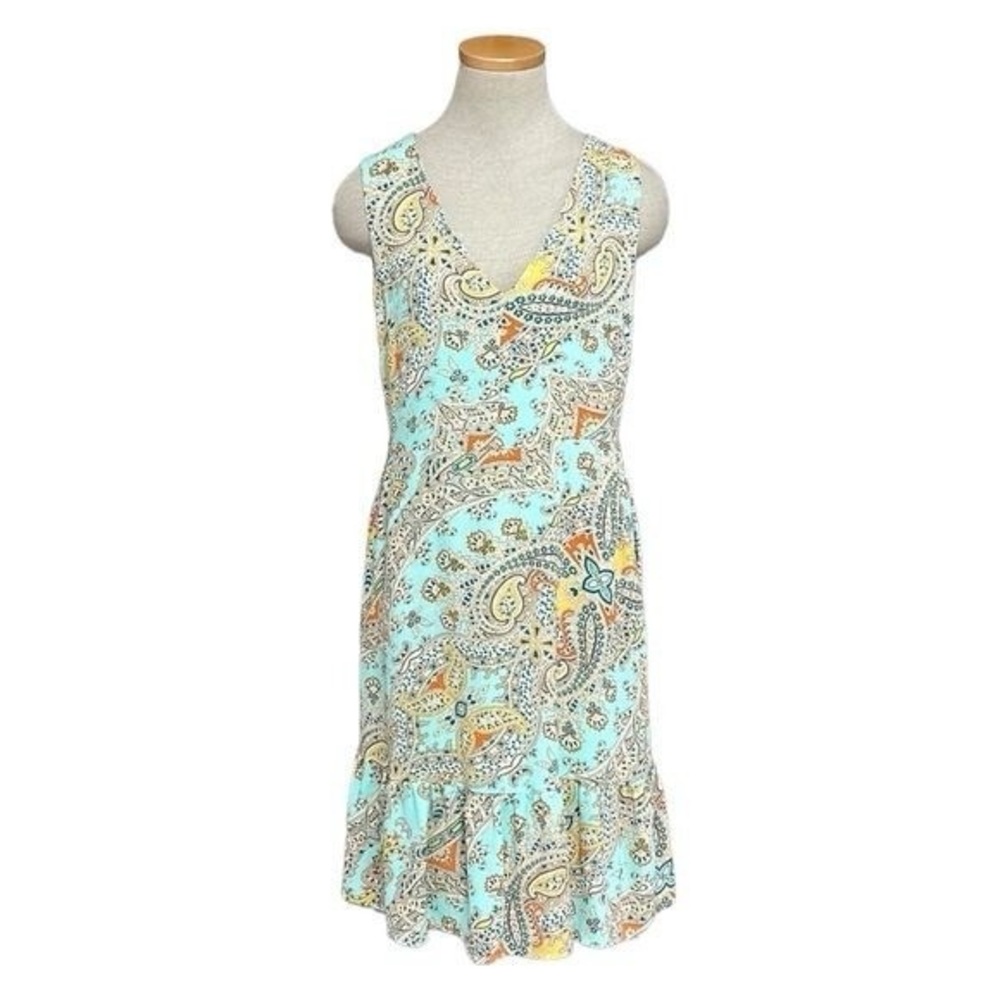 Nicole Miller Boho Dress Women's 4 Blue Floral Paisley Sleeveless Ruffle Pockets